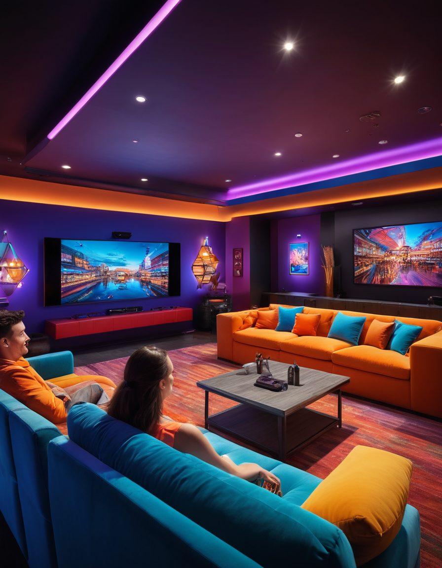 A vibrant scene showcasing a diverse group of people enjoying various leisure activities like gaming, watching movies, and attending live shows, set within a modern, stylish entertainment hub. Include a dynamic interior with colorful LED lights, plush seating areas, and large screens displaying entertainment options. Infuse elements of laughter and enjoyment to reflect a lively atmosphere. The overall feel should be inviting and exciting. super-realistic. vibrant colors. modern design.