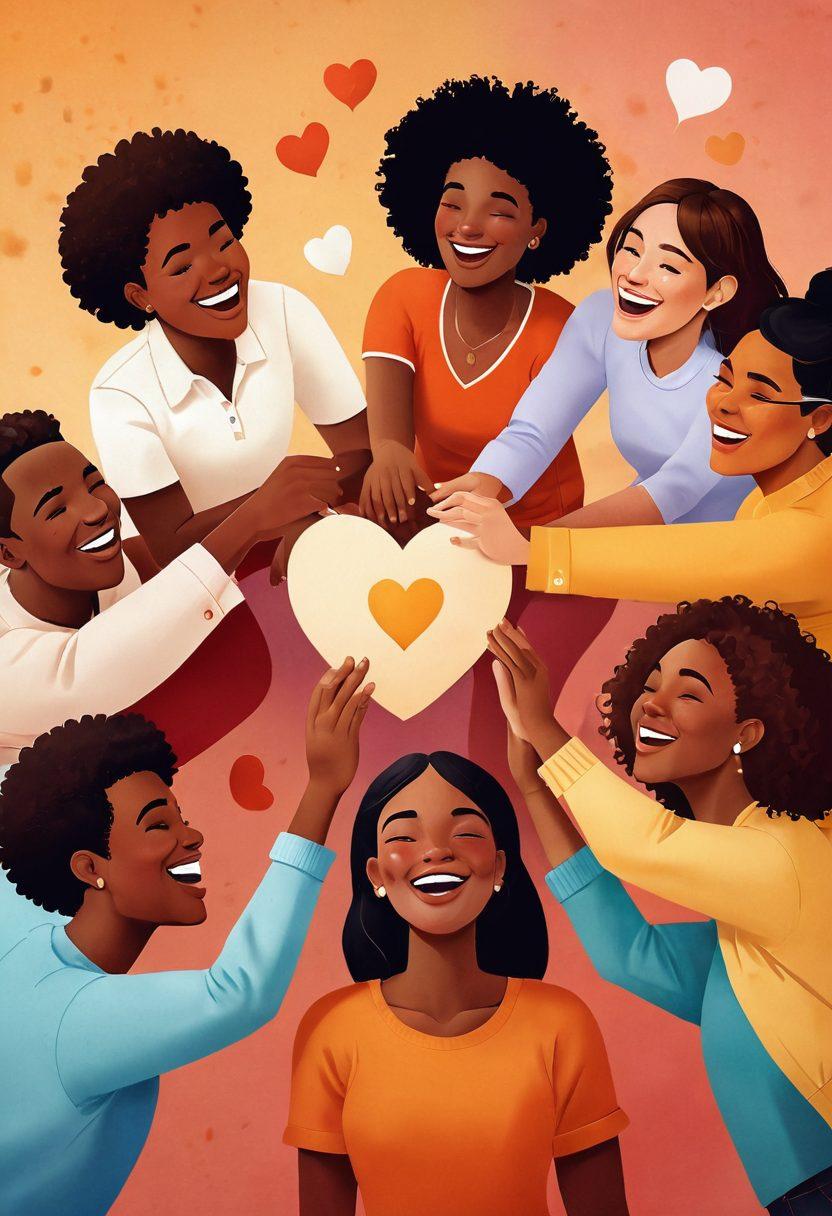 A diverse group of people laughing and enjoying each other's company in a bright, inviting setting, showcasing a sense of camaraderie and togetherness. The background features soft, warm lighting with elements that suggest various fun activities like games and discussions. Add subtle symbols of friendship like linked hands or heart shapes in the design. super-realistic. vibrant colors. warm tones.